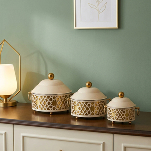 3-Piece Cream & Gold Cut-Out Casserole <b>Set</b>. Elegant Insulated Chafing <b>Dishes</b> For Luxury Catering, Events & Fine Home Dining - Product Image 1