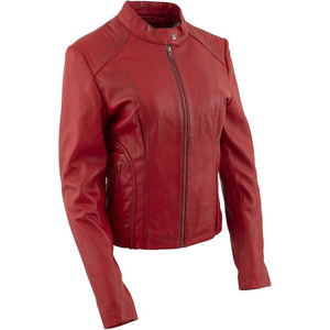 Veste en cuir pour femme SAMROZ SPORTS, cuir rouge de qualité supérieure, style motard, avec col mandarin - Product Image 1