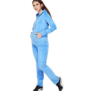 Ensemble de survêtement bleu à capuche pour femme, manches longues, fermeture éclair, couleur unie, tenue décontractée avec poches latérales, polyester mi-lourd - Product Image 2