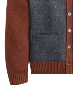 <b>Brown</b> And Blue Patchwork Knitted Cardigan Soft <b>Wool</b> Blend Fabric And Classic Button Closure Winter Warm Cotton Stylish Sweater - Product Image 3
