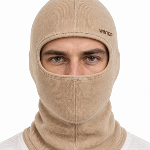 Cagoule en tricot côtelé avec logo personnalisé, masque facial d'hiver beige, couvre-tête intégral, couvre-cou unisexe - Product Image 4