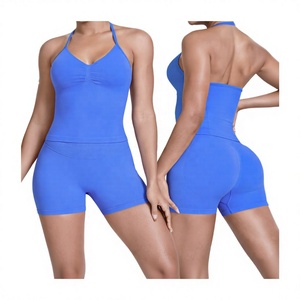Ensemble de yoga deux pièces sans coutures, short taille haute et brassière de sport dos nu à col en V, bleu uni, extensible dans quatre directions, tenue de fitness - Product Image 2