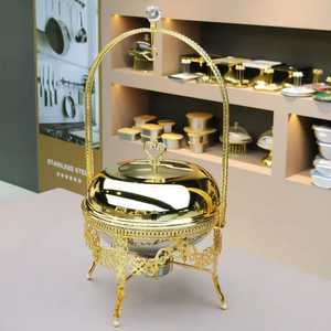 Plat à chafing rond moderne en acier inoxydable avec couvercle en verre et pieds dorés de style UFO, chauffe-plats professionnel pour buffet - Product Image 6