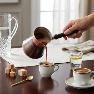 หม้อกาแฟตุรกีทองแดงโบราณสองสีแบบตีลาย พร้อมด้ามจับไม้สีเข้มทรงตามหลักสรีรศาสตร์ ใช้กับเตาได้ - Product Image 3