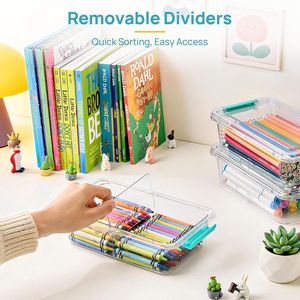 Lot de 8 boîtes à crayons en plastique transparent de 1,5 Qt avec séparateur amovible, empilables, pour organiser les stylos - Product Image 3