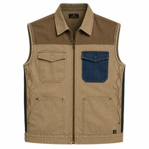 <b>Utility</b> Pocket Zip Front Denim Jacket Custom Men's Beige Workwear <b>Vest</b> Premium Contrast Patch Sleeveless Apparel - Product Image 2