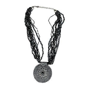 Ethnic Black Crystal <b>Beaded</b> <b>Necklace</b> with Oxidized Silver Round Pendant - Luxe <b>Beaded</b> <b>Necklace</b> with Intricate Silver Pendant - Product Image 4