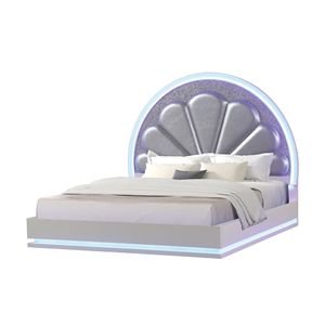 Cama Queen Size Tapizada en Madera Blanca Lechosa con LED - Product Image 1