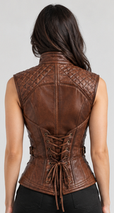 เสื้อกั๊กหนังแท้สำหรับผู้หญิง ทรงมอเตอร์ไซค์ คอวี ปิดด้วยซิป - Product Image 4