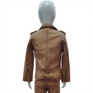 Kid's Tan Real Leather Moto <b>Biker</b> <b>Jacket</b> Zipper Closure Stand Collar Regular Fit Winter Style Front Logo Breathable Nabtay - Product Image 2