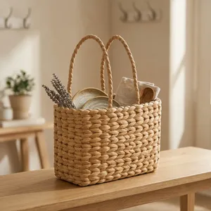 KOTTRAVAI Modern Natural Water Hyacinth Woven Storage Basket with Braided Handle From Tamil Nadu for Kitchen Organizer <b>Bin</b> - Product Image 5