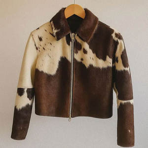Men's Cowhide <b>Leather</b> Bomber <b>Jacket</b> Turn-down Collar Animal Print Zipper Closure Short Length Casual <b>Winter</b> Wear - Product Image 1