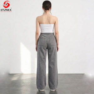 Jean en denim gris uni pour femme, taille mi-haute, coupe large, respirant, ample, longueur intégrale, style streetwear, écologique, avec impression de logo personnalisé - Product Image 2