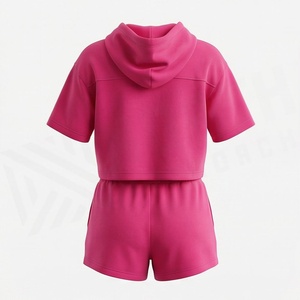 Ensemble 2 pièces en polaire pour femme : haut court à manches courtes rose uni et short au-dessus du genou – Tenue décontractée printemps-été - Product Image 2