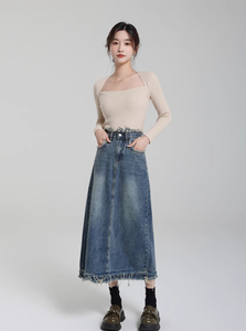 Jupe longue en jean pour filles, longueur genou, avec fente, coupe ample, décontractée, printemps, style modeste et mature - Product Image 4