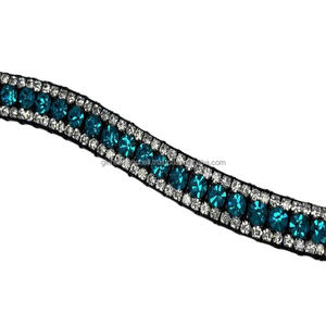 Beautiful Handmade Blue Green Diamante <b>Crystals</b> Rhinestones Bling Padded Black Leather Horse Brow Band with <b>Stitched</b> Loop Ends - Product Image 1