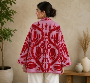 Bata Larga de Algodón 100% Hecha a Mano con Bordado Floral Azul, Reversible, Cuello en V, Kimono con Cinturón para Mujer, Ropa de Estar por Casa - Product Image 1