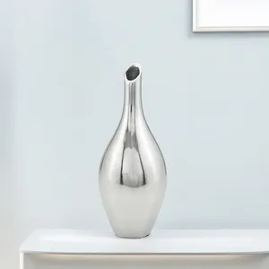 Jarrón Decorativo en Forma de Lágrima en Tono Plateado con Abertura Inclinada y Cuello Largo y Estrecho para Decoración Moderna del Hogar, Mesa de Consola y Estantería - Product Image 1