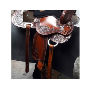 Brown Leather Western Barrel Racing Horse Saddle Floral <b>Hand</b> Tooled Stitched Cross Inlay Black Suede Seat - Product Image 2