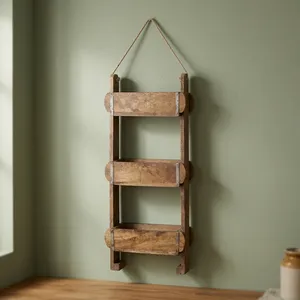 Vintage Wooden Three Tier Hanging Brick Mould Wall <b>Planter</b> with Rope Rustic Farmhouse Garden Storage Organizer for Home Decor - Product Image 4