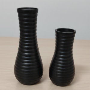 Set Of Two Matte Black Flower <b>Vase</b> Featuring A <b>Ribbed</b> Horizontal Band Design & Slender Neck For Stylish Modern Home Decoration - Product Image 1