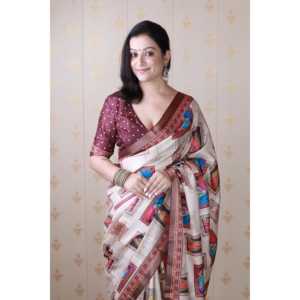 Sari de Seda Tussar con Estampado de Figuras Kalamkari, Color Granate, con Borde Tejido con Hilo Zari, Tejidos de Primera Calidad, 450g - Product Image 2