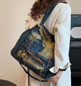 Bolso de hombro de mezclilla Y2k para mujer, bolso de mensajero vintage lavado y desgastado, bolso de mano de gran capacidad para mujer - Product Image 3