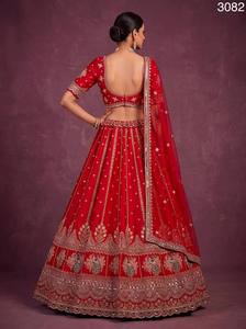 <b>Red</b> Embroidered Indian <b>Wedding</b> <b>Lehenga</b> Set Net Dupatta Bride Ceremony Outfit - Product Image 4