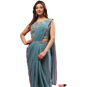 Nouveau design de tissu satiné importé Saree prêt-à-porter pour femme avec broderie à paillettes en soie - Product Image 1