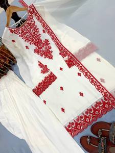 Conjunto de Kurta y Kurti de Rayón Estampado Chikankari para Mujer, con Dupatta y Pantalones Palazzo, Cuello Redondo, Manga Tres Cuartos, Protección Solar, Secado Rápido - Product Image 4