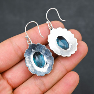 Boucles d'oreilles personnalisées en argent sterling 925 avec topaze bleue créée en laboratoire, 1,9 pouce, bijoux en pierres précieuses faits à la main, boucles d'oreilles fines antiques, cadeau pour femme - Product Image 3