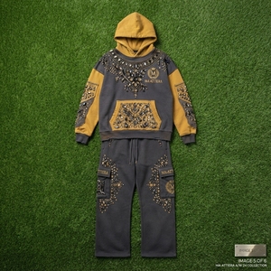 Custom <b>Women</b> Black Mustard Color Block Rhinestone Hoodie Cargo <b>Jogger</b> Set Cotton <b>Fleece</b> Streetwear Tracksuit Wholesale - Product Image 6