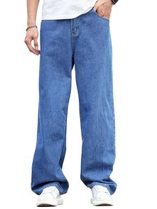 Jean pour homme en denim bleu délavé, coupe ample et large, 100 % coton, poids moyen, résistant à la décoloration, écologique - Product Image 2
