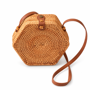 Sac à main rond vintage en rotin de haute qualité pour femme, sac fourre-tout décontracté avec bouton, bandoulière simple, chaînes, nœuds, perles, fleurs et pompons - Product Image 1