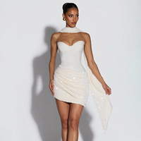 Robe Courte Sexy à Paillettes pour Femme, Robe Moulante Bustier Corset Froncée Asymétrique avec Col Choker et Rubans, Robe de Soirée