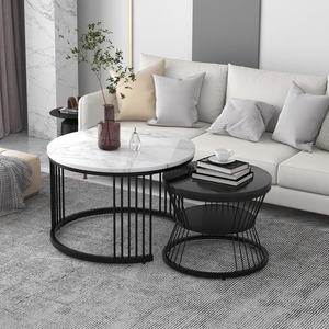 Ensemble de tables basses rondes modernes avec plateau en contreplaqué, structure en métal noir, tables d'appoint gigognes pour salon, maison et hôtel - Product Image 1