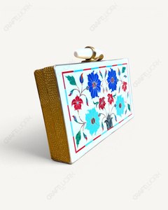 Pochette en marbre blanc |   Minaudière artisanale avec incrustation florale en pierre |   Sac de soirée de luxe pour mariée et femme - Product Image 2