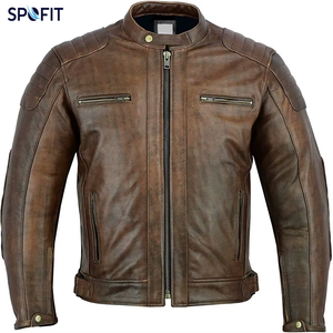 Chaqueta de cuero marrón retro para hombre, con cuello alto y cremallera, estilo motociclista, para otoño e invierno - Product Image 1