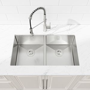 Lavello da cucina a doppia vasca incasso fatto a mano 84x48 cm con rubinetto, finitura spazzolata, installazione sottopiano - Spedizione solo giorni feriali - Product Image 3