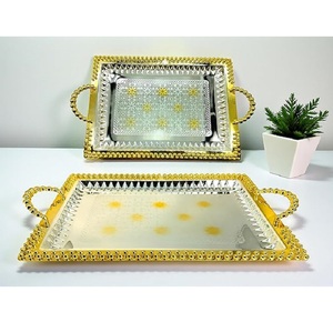 Exclusive Gold Plated Round Decorative Tray With Handles Hammered Hollywood Glam Style For <b>Coffee</b> <b>Table</b> Floral Theme - Product Image 2