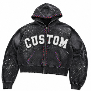 Sweat à capuche zippé personnalisé pour homme, coupe oversize courte, orné de strass, style streetwear - Product Image 4