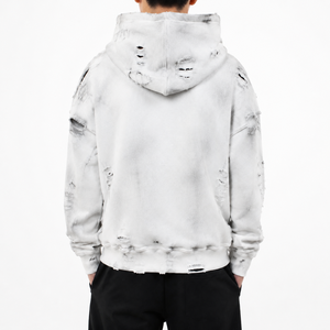 Distressed White Ripped Zip Hoodies Dirty Faded <b>Spray</b> <b>Paint</b> Brush Lettering Oversized Torn Holes Frayed Seams Sweatshirt Jackets - Product Image 3