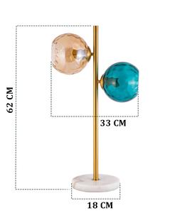 Modern Brass <b>Table</b> <b>Lamp</b> With Marble <b>Base</b> And Dual Glass Globe Shades In Amber And Blue For Living Room Decor - Product Image 3