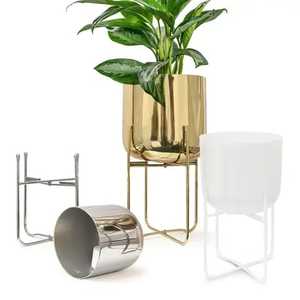 Ensemble de supports pour plantes en métal, laiton doré, blanc, argenté, cylindrique, avec support à pieds croisés, pot de fleurs d'intérieur en métal - Product Image 1