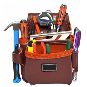<b>Leather</b> <b>Tool</b> Belt With Multiple Pockets Orange And Brown Color Durable Workwear For Craftsmen - Product Image 3