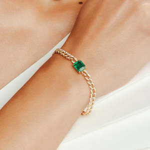 18K <b>Solid</b> <b>Gold</b> Octagon Emerald and Diamond Tennis Bracelet-17cm Statement Chain - Product Image 1