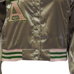 <b>Silver</b> Satin <b>Jacket</b> Women Varsity Style Bomber <b>Jacket</b> Fashion Casual Outerwear Button Front Streetwear Apparel Stylish Wholesale - Product Image 4