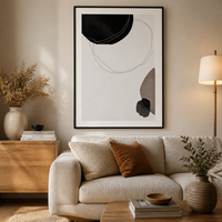 Grande peinture abstraite Wabi Sabi sur toile avec cadre noir et passe-partout blanc, art mural texturé aux tons terreux