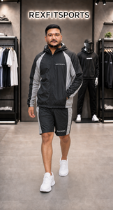 REXFIT SPORTS 2026 Custom Mens Black <b>Silver</b> Nylon Tracksuit 2 Piece Hooded Zip <b>Jacket</b> Shorts Set Private Label Sportswear - Product Image 5