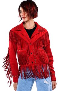 Red <b>Suede</b> Fringe Biker <b>Jacket</b> Rivets Turn-down Collar Zipper Closure Unisex Punk Style High Street Eco-Friendly Winter Wear - Product Image 2
